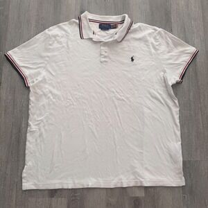 Polo Ralph Lauren Mens XXL Custom Slim Fit White Polo Shirt Striped Trim Pony